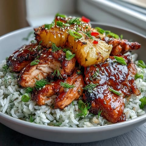 A colorful bowl of teriyaki chicken over jasmine rice, topped with juicy pineapple chunks, crisp bell peppers, and fresh snap peas.