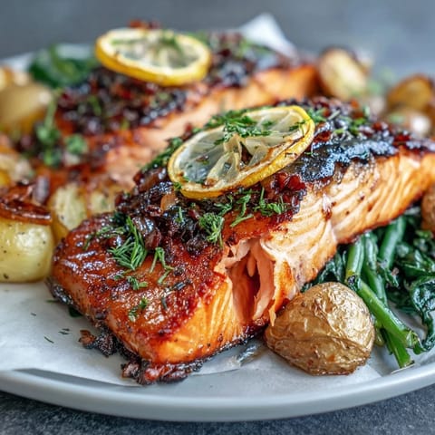 Delicious sheet pan salmon dinner with roasted green beans and potatoes, drizzled with lemon-herb marinade for a healthy, easy meal.