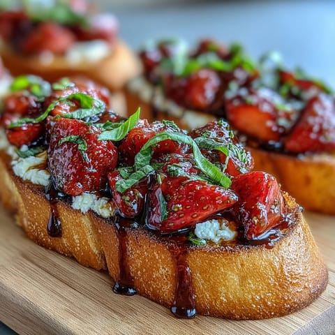 Balsamic Strawberry Bruschetta Toasts with creamy goat cheese and fresh basil on crispy baguette slices.