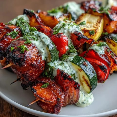 Colorful grilled vegetable skewers bursting with summer flavor, drizzled with zesty chimichurri sauce for a vibrant vegetarian dish.  