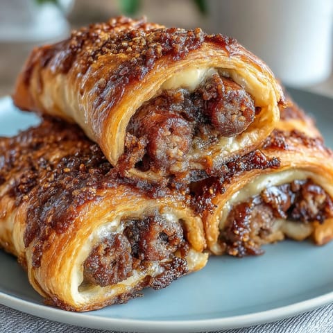 Flaky crescent-wrapped mini sausages served with tangy honey-mustard dip for easy snacking.