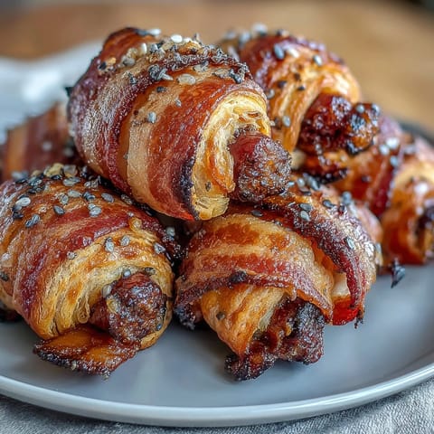 Golden baked pigs in a blanket arranged with dipping sauce for party appetizer perfection.
