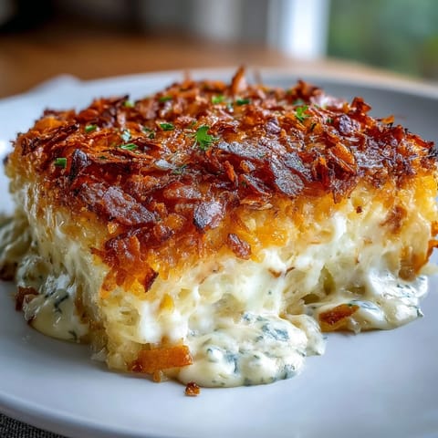 A golden, bubbling cheesy hash brown casserole topped with crunchy cornflake crust, fresh from the oven.