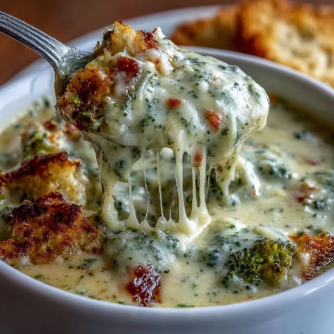 Creamy broccoli cheddar soup with tender florets and melted sharp cheese, served in a white bowl with a spoon.