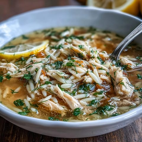 Creamy Greek lemon chicken soup with tender orzo, shredded chicken, and bright citrus notes in a savory broth.