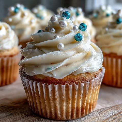 Delicate Cancer zodiac cupcakes, frosted and topped with elegant edible pearls.