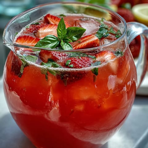 Vibrant Strawberry Basil Lemonade Pitcher overflowing with fresh fruit and herbs.