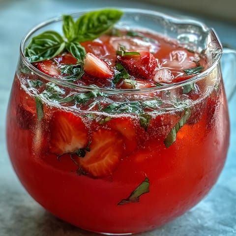 A frosty Strawberry Basil Lemonade Pitcher ready for summer party guests to enjoy.
