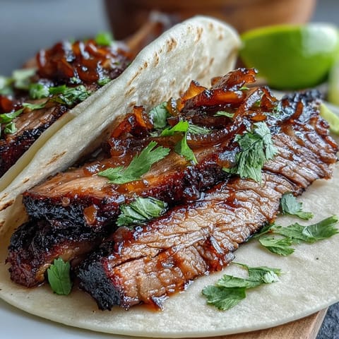 Tender smoked brisket tacos with tangy pickled red onions, perfect for any taco night.