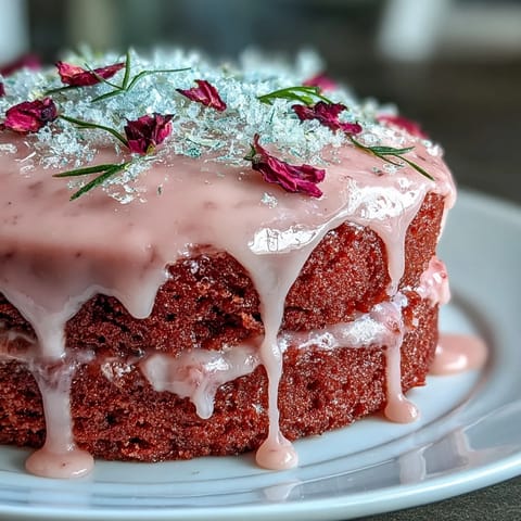 A stunning Bridal Shower Rosé Velvet Cake with elegant gold drip.