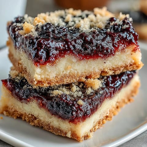 Golden baked Blackberry Lemon Bars topped with vibrant swirling fruit.