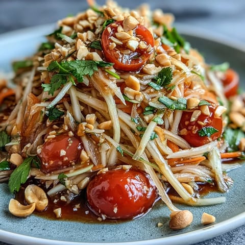 Vibrant Thai Papaya Salad with Peanuts bursting with fresh lime and chili.