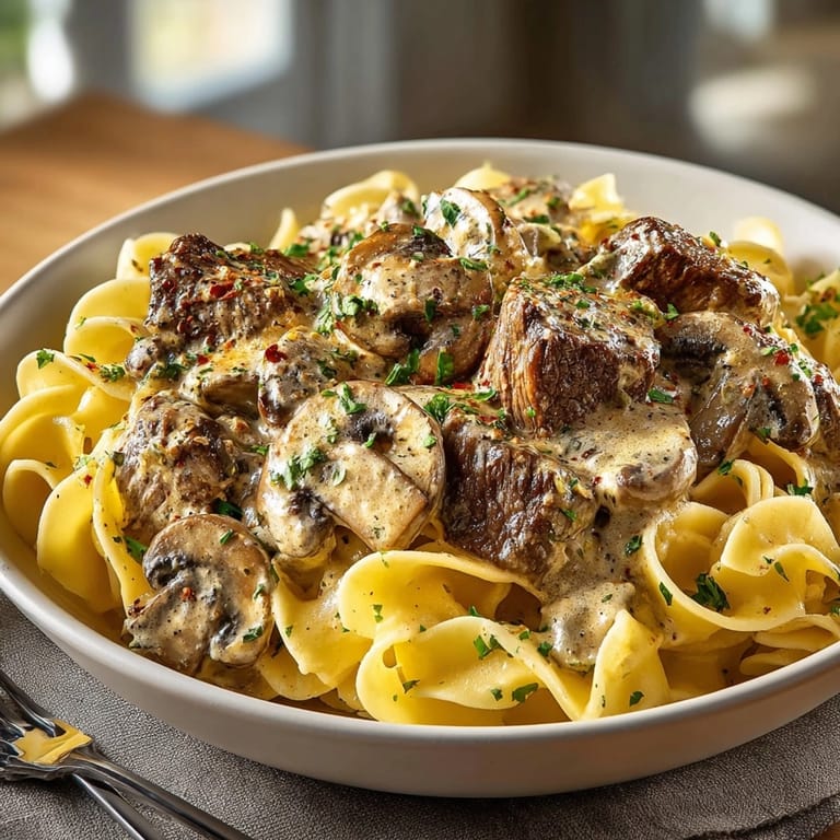 Golden brown Beef and Mushroom Stroganoff, ready to serve over egg noodles.