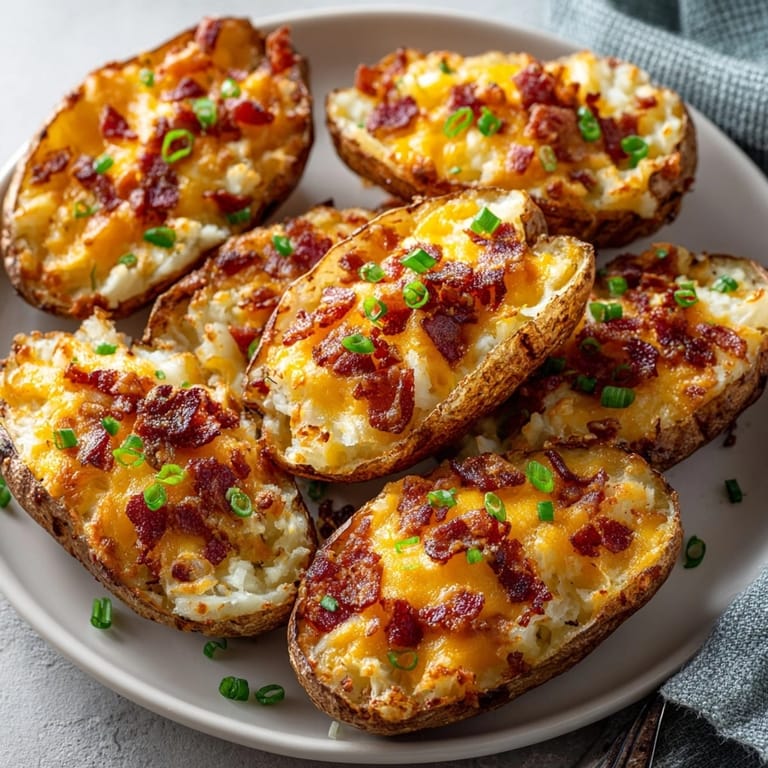 Golden Cheesy Bacon Potato Skins recipe, perfect appetizer loaded with cheddar and bacon!