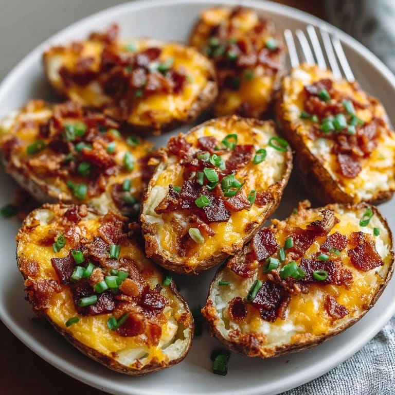 Baked Cheesy Bacon Potato Skins: creamy potato, crispy bacon, topped with melted cheese.