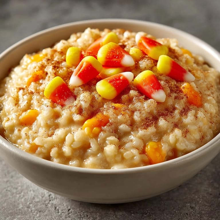 Bowl of rich pumpkin spice rice pudding, a spoonful with candy corn topping.