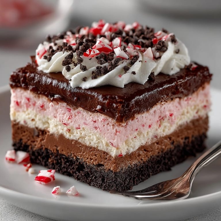 No-bake Chocolate Peppermint Lasagna with crushed candy canes and chocolate chips, ready to chill.