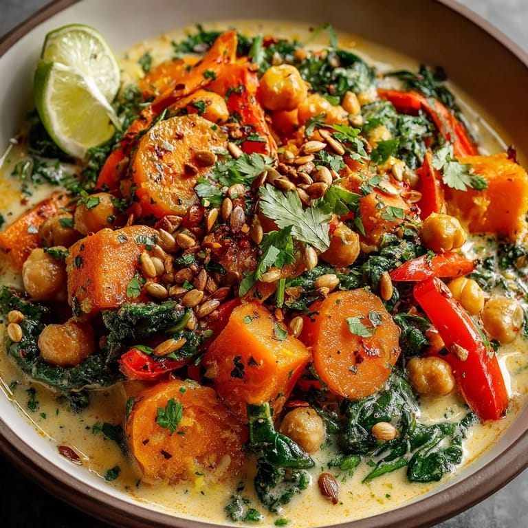 One-pot Spiced Pumpkin Curry showcasing creamy coconut milk and vibrant autumn vegetables.