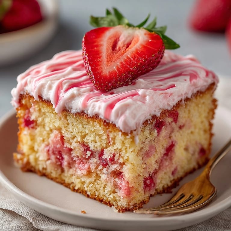 Imagine each sweet bite of moist viral strawberry cake, showing its fluffy texture.