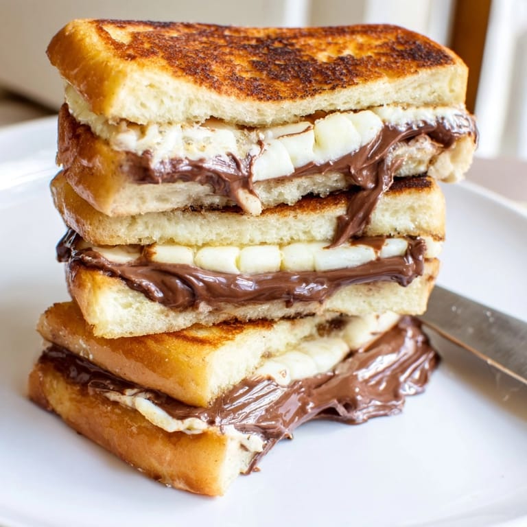 Melting Nutella Brie Grilled Cheese sandwich sizzling in a pan; a rich, comforting indulgence.