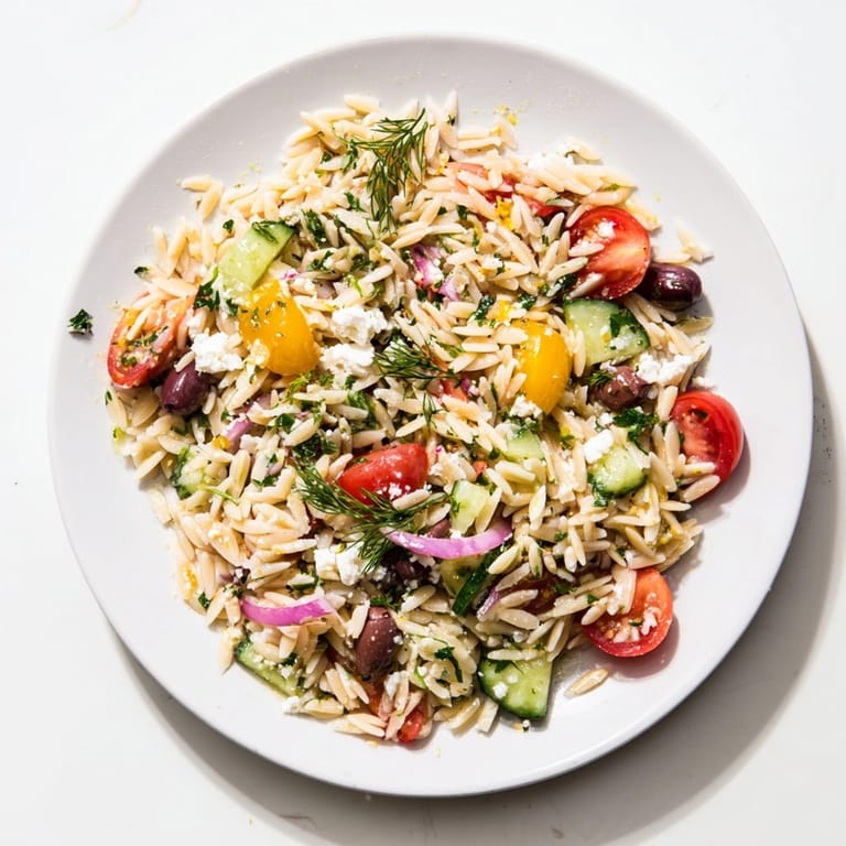 Freshly made Greek Orzo with Feta and Olives, with summer vegetables, ready to eat.