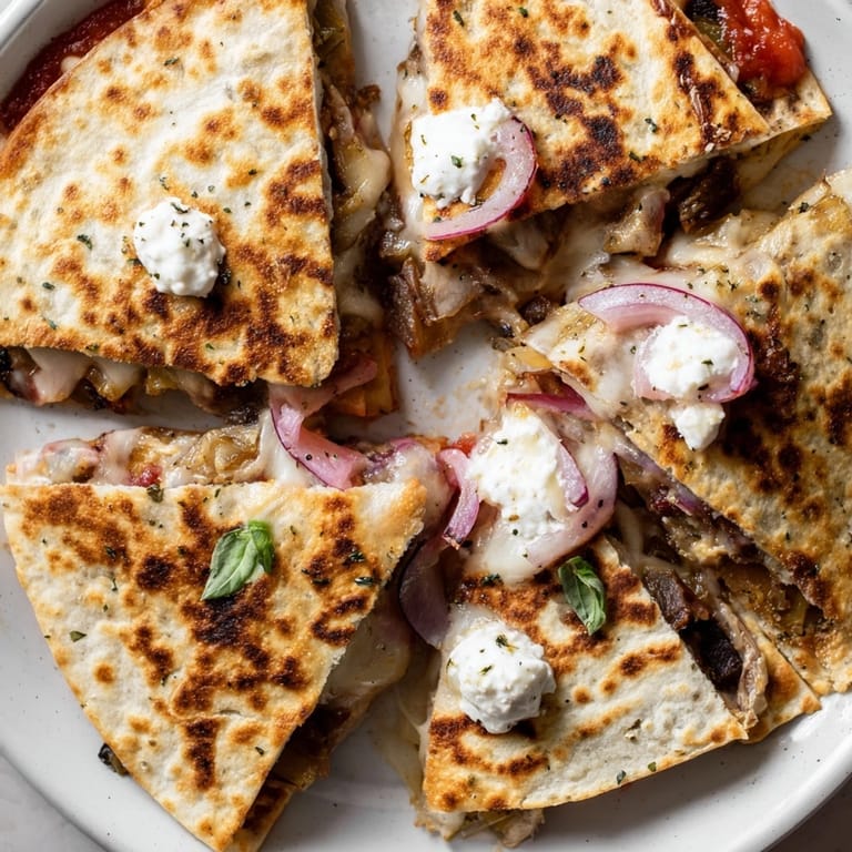 Close-up of warm, melting Cheesy Eggplant Parmesan Quesadillas showing the cheesy, saucy filling.