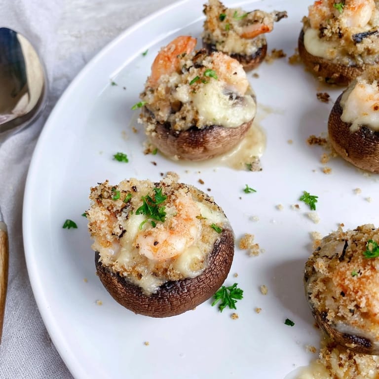 Savory Shrimp Alfredo Stuffed Mushrooms: a fork pierces a creamy appetizer, parsley garnish.