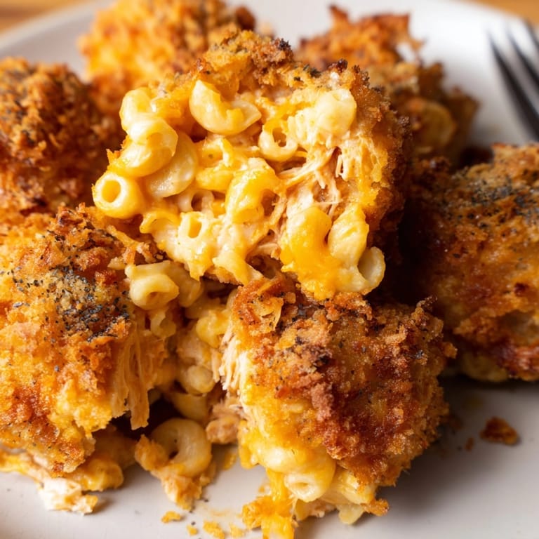 Homemade Mac and Cheese Buffalo Chicken Balls, plated with creamy ranch dressing dip.