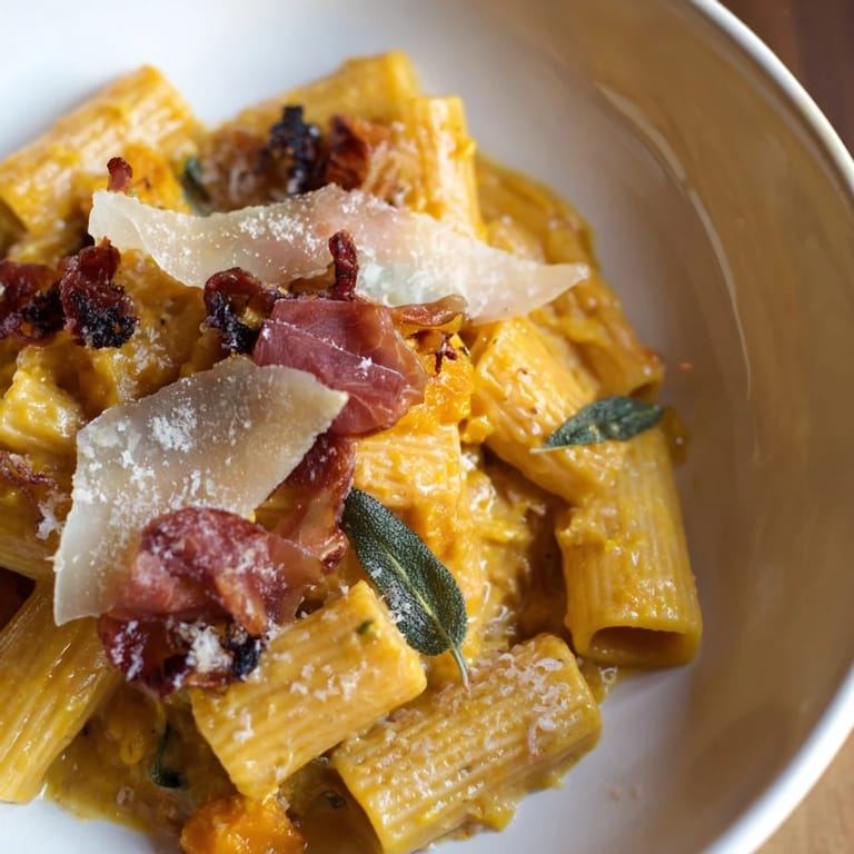Creamy pumpkin pasta topped with crunchy prosciutto and fresh sage leaves.  