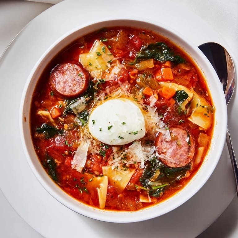 Delicious lasagne soup brimming with smoked sausage, spinach, and fresh herbs.