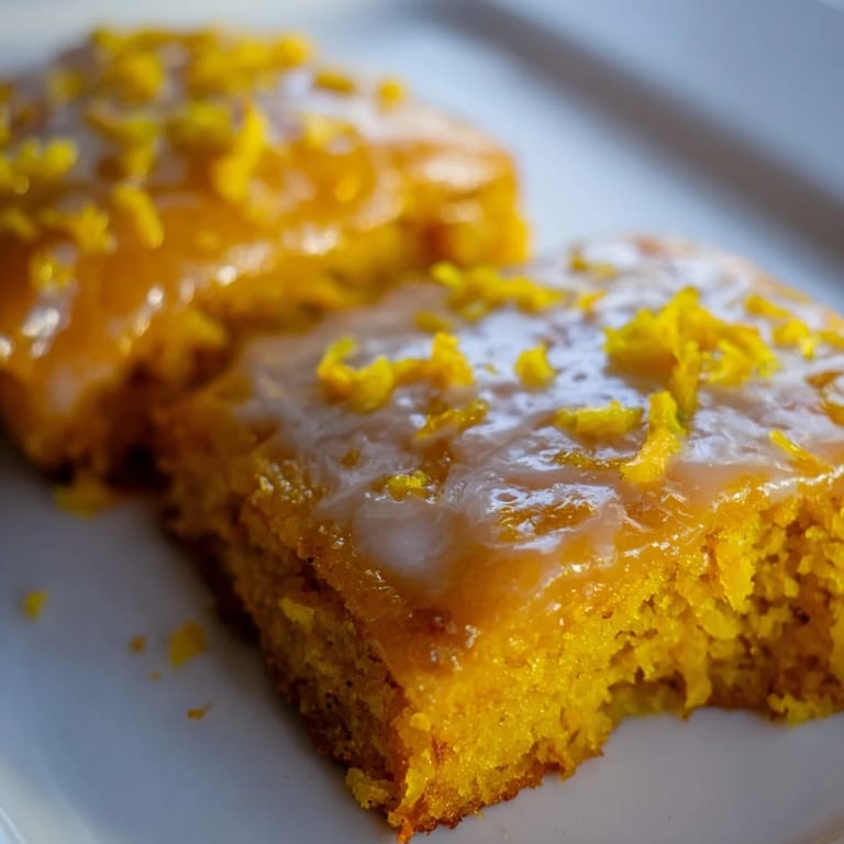 Soft and flavorful pumpkin cake squares topped with zesty lemon glaze, ideal for sharing.