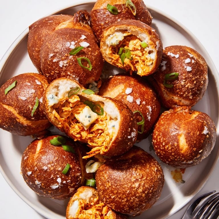 Warm, savory Chaos Buffalo Chicken Pretzel Balls sprinkled with coarse salt, perfect for sharing.