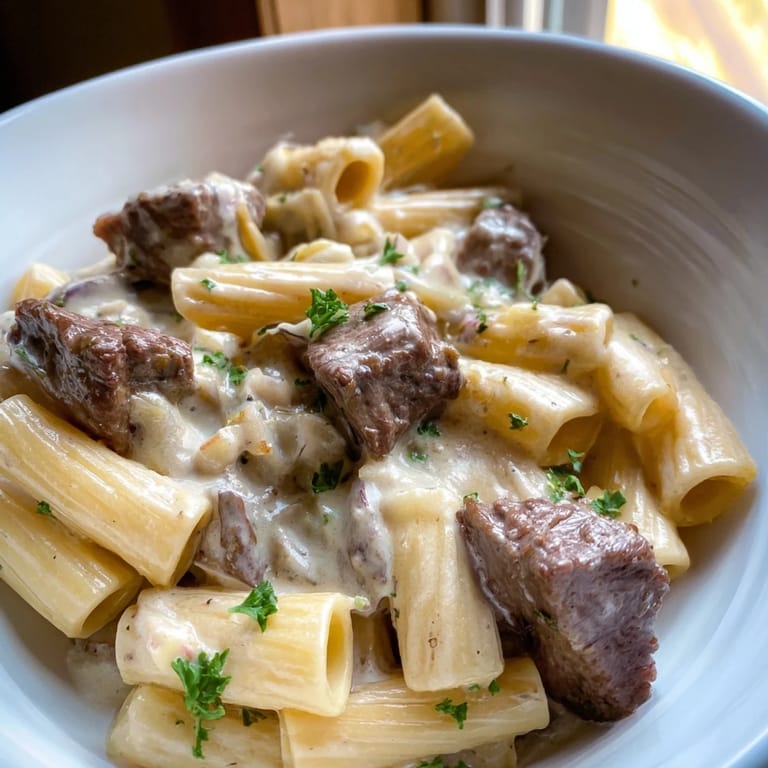 Creamy Garlic Butter Steak Parmesan Rigatoni in a skillet, a comforting culinary delight.  