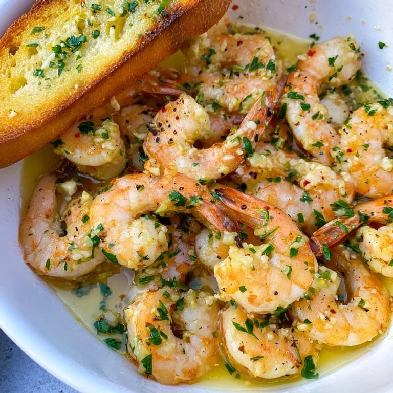 Mouthwatering shrimp scampi bowls drizzled in buttery sauce, paired with garlic bread.  