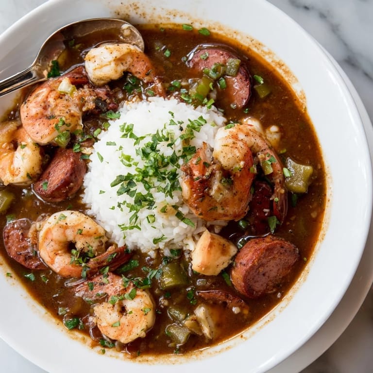 Aromatic Louisiana Seafood Gumbo brimming with shrimp, crab, and andouille sausage for robust flavor.  