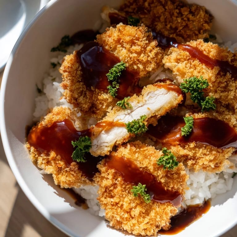 Delicious Japanese Katsu Bowls featuring golden cutlets drizzled with savory tonkatsu sauce.  