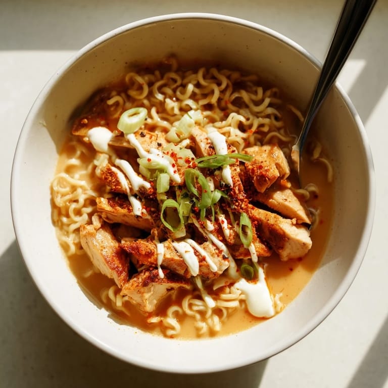Hearty ramen noodles topped with juicy chicken and rich, creamy garlic sauce.  
