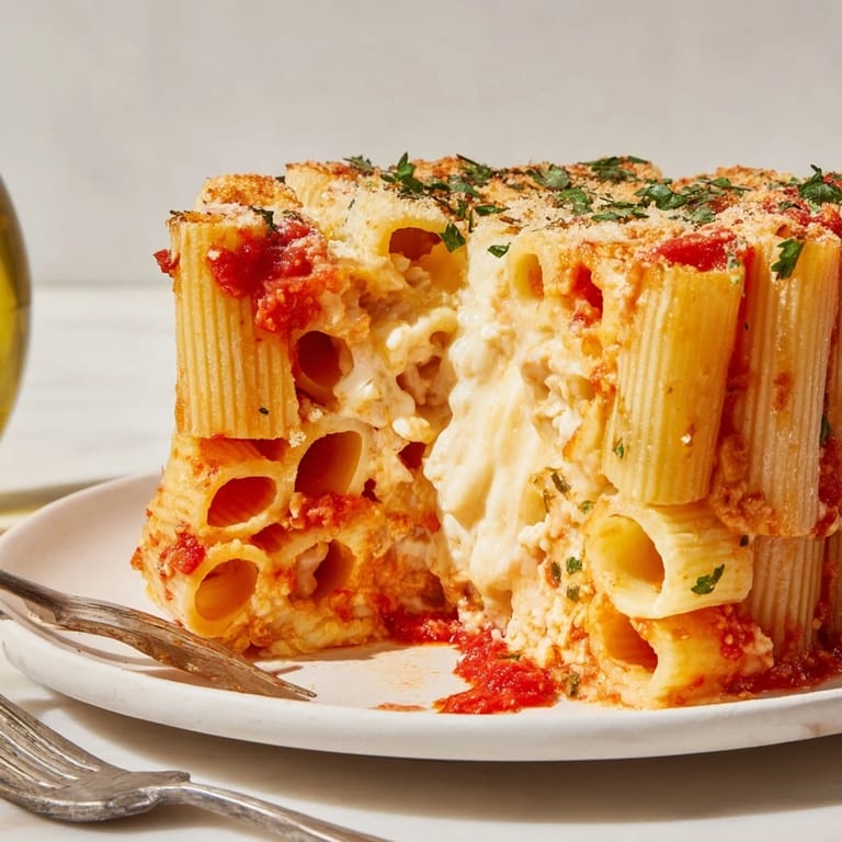 Elegant Honeycomb Pasta Cake, a colorful blend of pasta, cheese, and savory sauce.