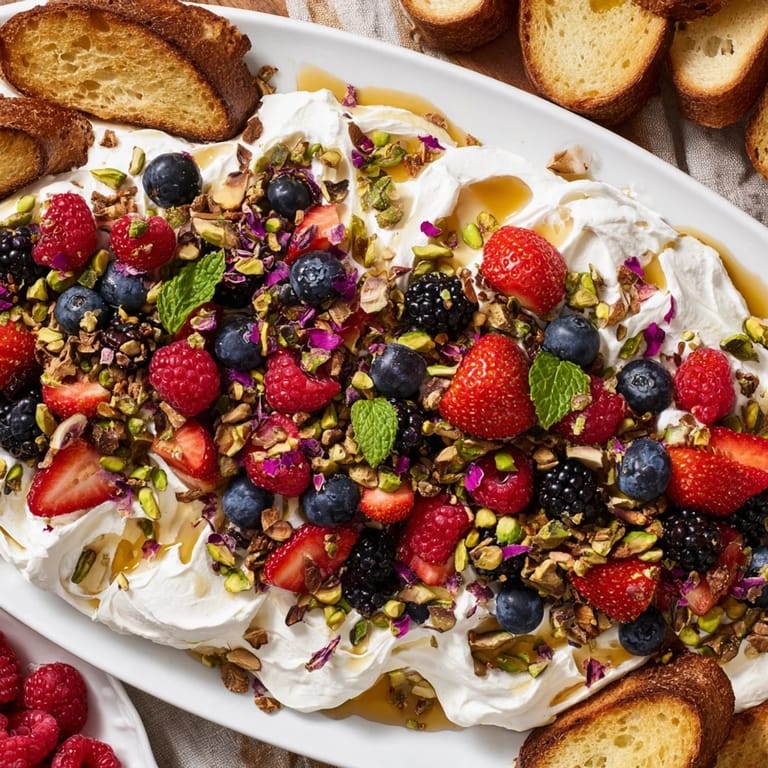 Indulgent Butter Board Dessert served with mixed berries and a drizzle of honey.