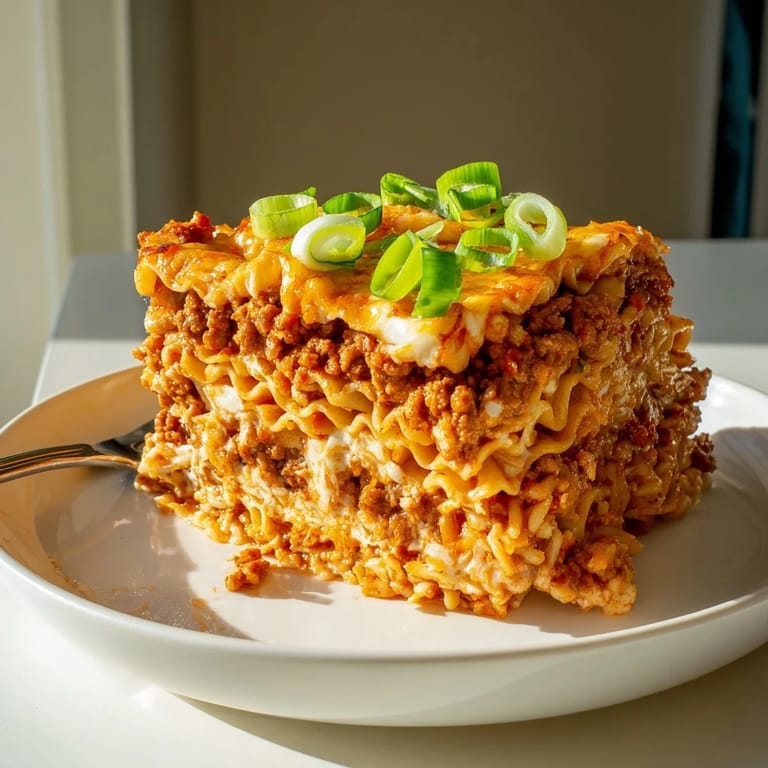 Hearty Spicy Ramen Lasagna garnished with green onions, perfect for dinner gatherings.