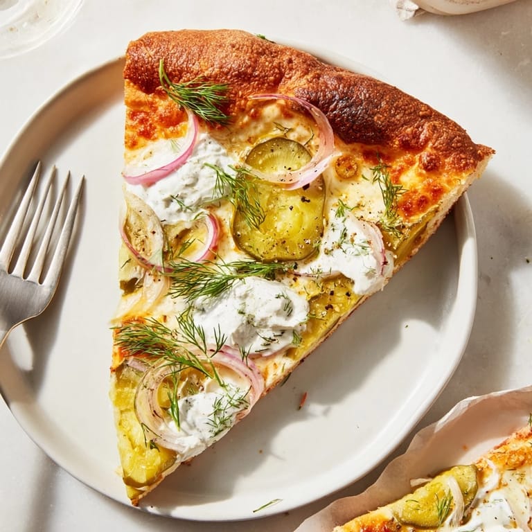 Delicious pickle pizza straight from the oven, garnished with fresh dill for flavor.  