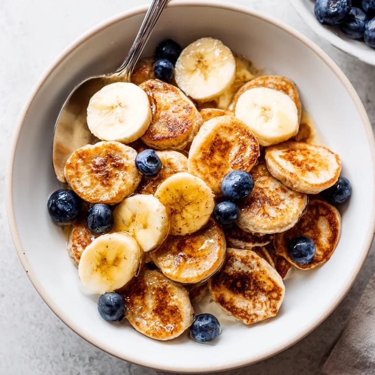 Tiny, fluffy pancakes served like cereal, perfect for a fun breakfast experience.  