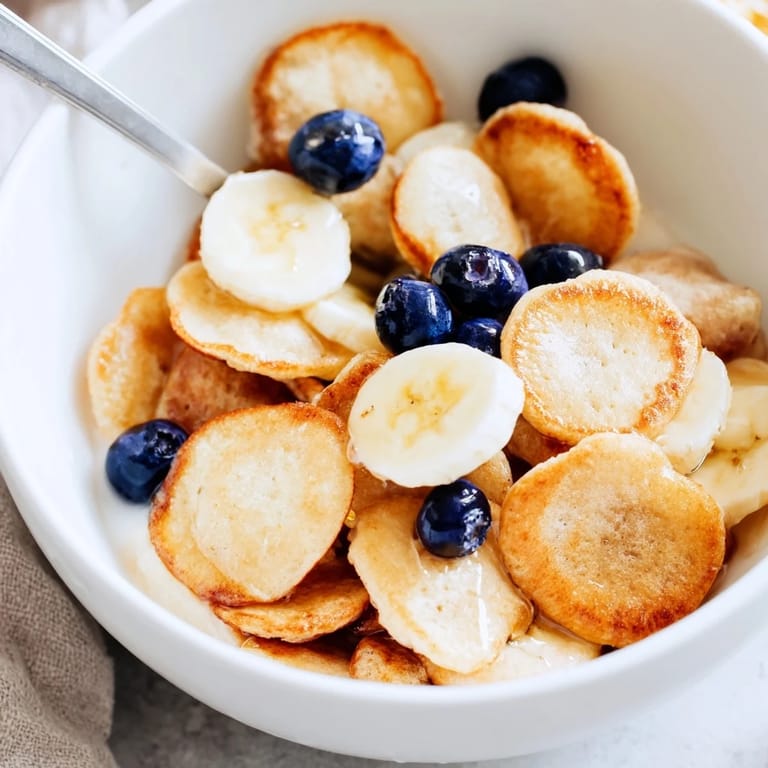 Adorable mini pancake cereal drizzled with maple syrup, ideal for sharing or savoring alone.