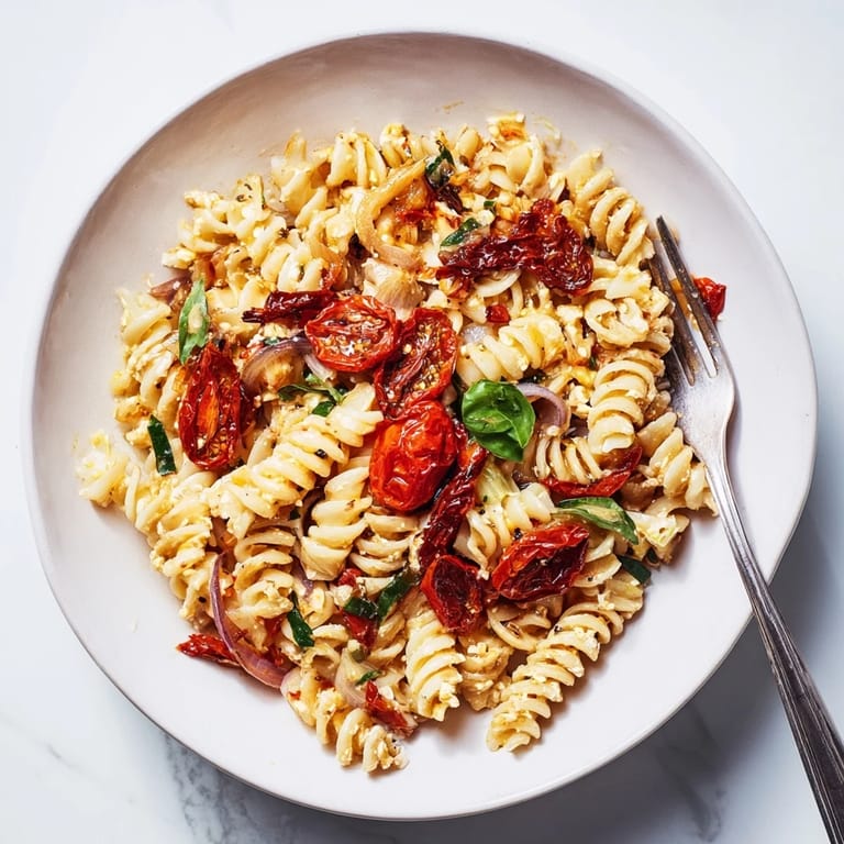 Baked feta pasta bursting with flavor, served warm with fresh basil garnish.  
