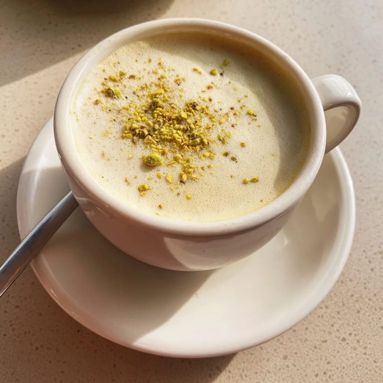 Homemade pistachio milk latte, a nutty twist on classic café drinks.  