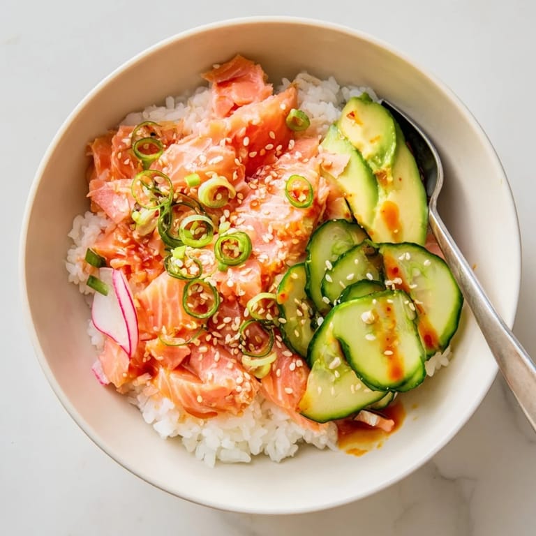 Microwave salmon and rice bowl garnished with avocado, ginger, and sesame seeds.  