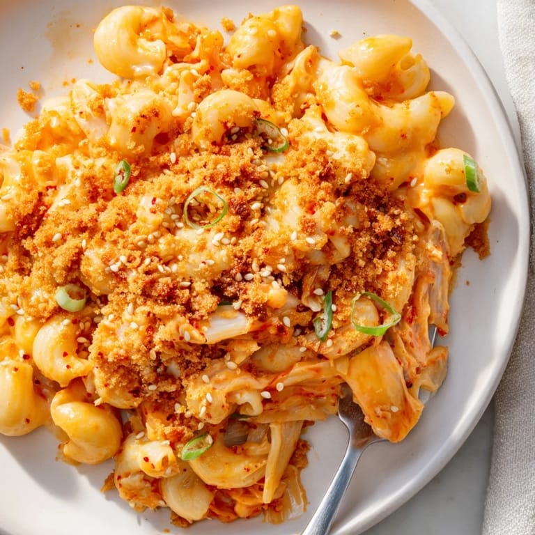 Vibrant Spicy Kimchi Mac & Cheese, embodying bold flavors and comforting creaminess.