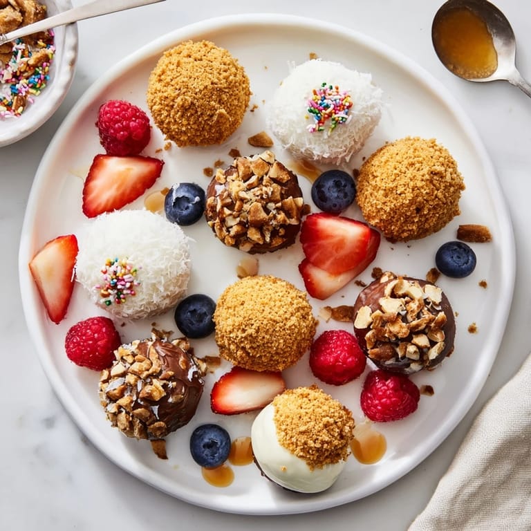 Tempting cheesecake bites on a wooden board, surrounded by fresh fruit and toppings.  