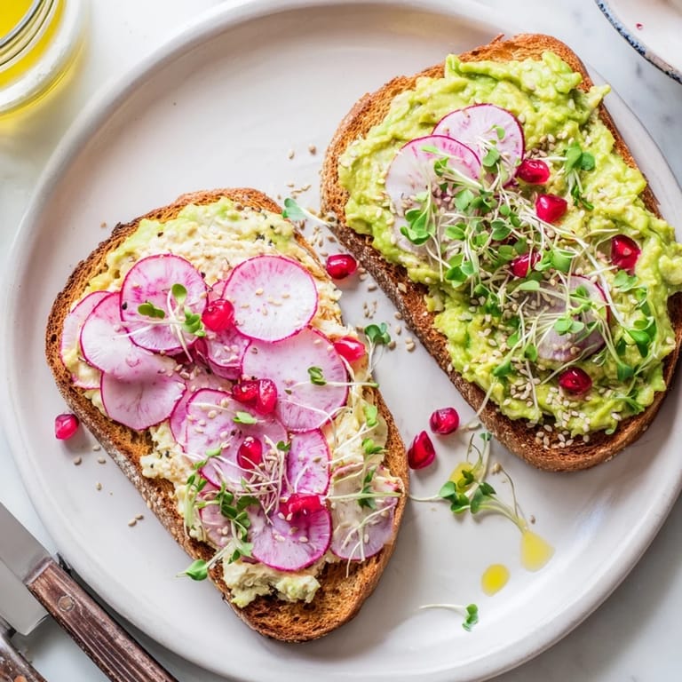 Colorful breakfast toasts with creamy ube spread and fresh avocado for a delightful meal.  