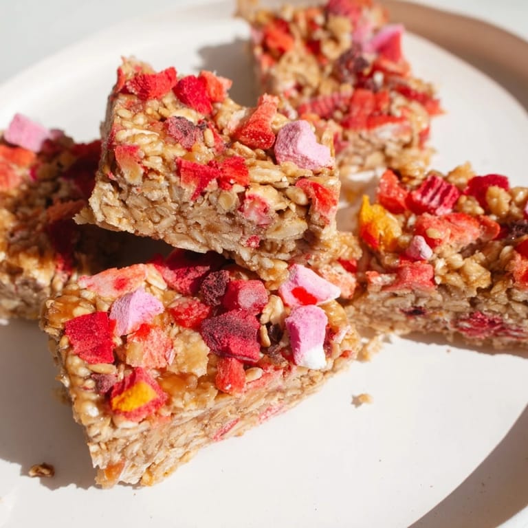 Homemade gummies and freeze-dried candy on a nutritious oat base for snacking bliss.  